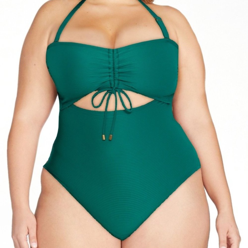 NWT Time and Tru Size 2X (20W-22W) Ribbed Cutout One Piece Swimsuit in Green Gem